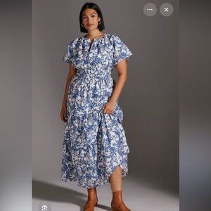 Maeve The Somerset Dress Blue and White Floral Leaves Ferns Pattern Cottagecore